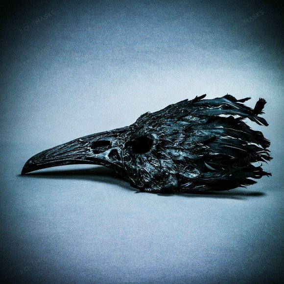 Black Raven Skull Nose w/ Feather Halloween Mask - Picture 9 of 10
